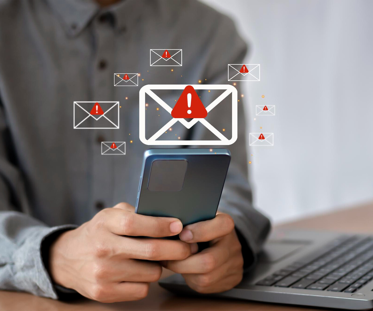 Persona revisando mensajes en su teléfono móvil mientras aparecen alertas de correo, representando la sobrecarga de información y la dificultad de conectar con los mensajes internos en las organizaciones.